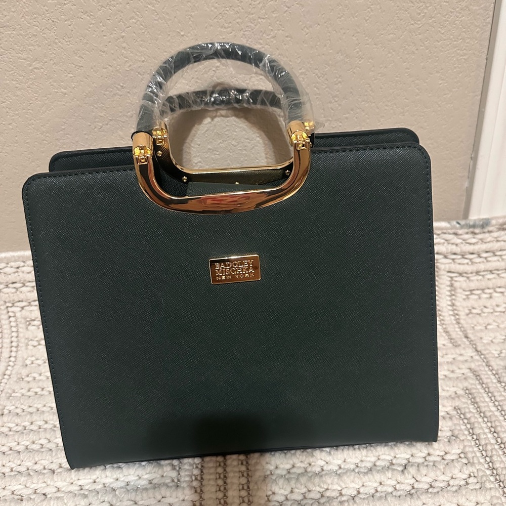 Badgley Mischka Dark Green Satchel with Gold Accents